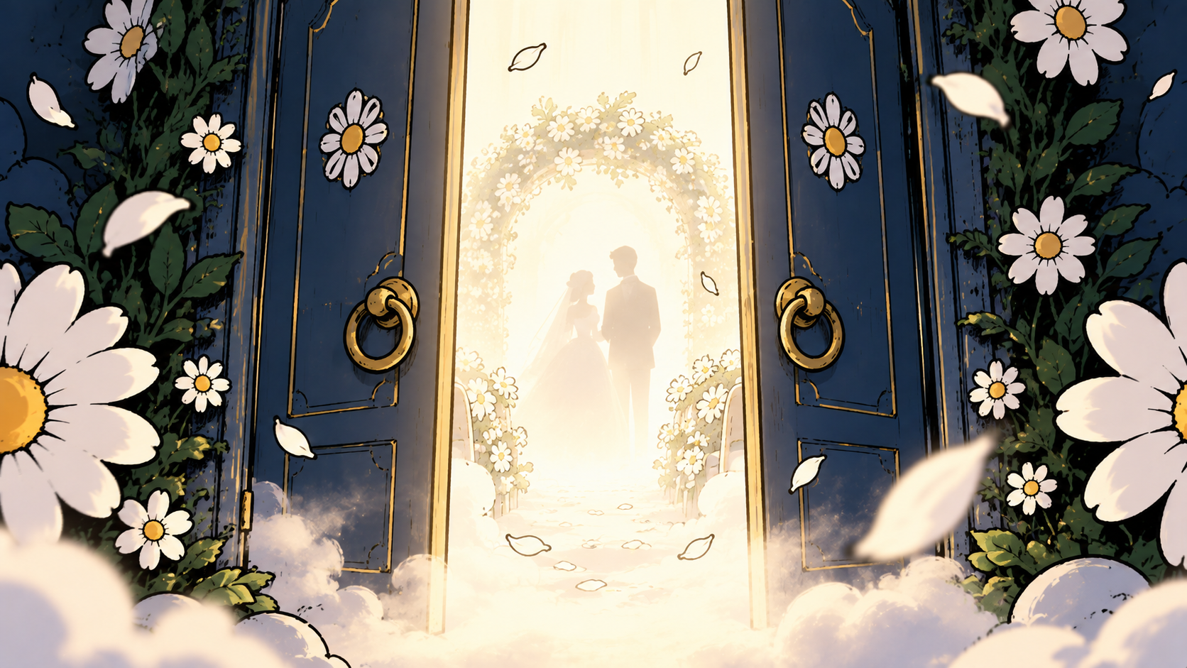 Dark blue doors framed by daisies open onto a glowing arch with silhouettes of a wedding couple.