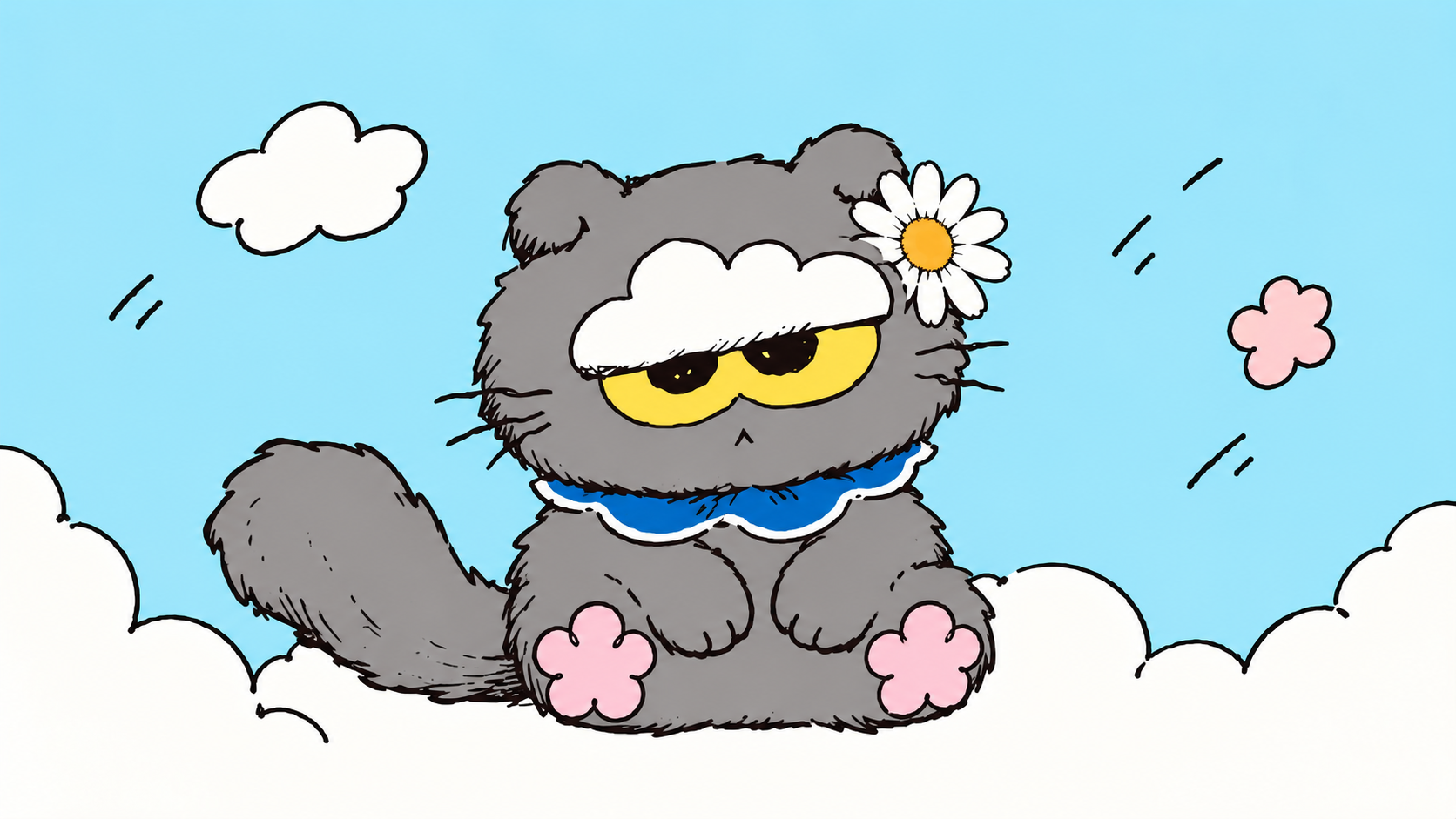 Draft artwork of ZOA with a white daisy beside one ear, sitting among clouds against a blue sky.