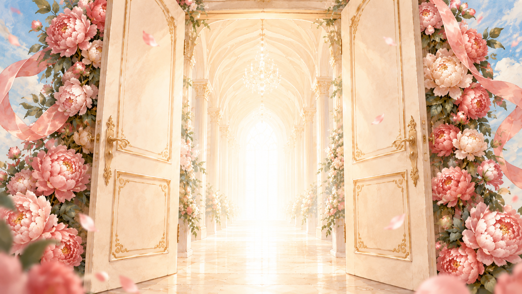 Cream and gold doors framed by pink peonies open into a bright hall, with no couple silhouettes.